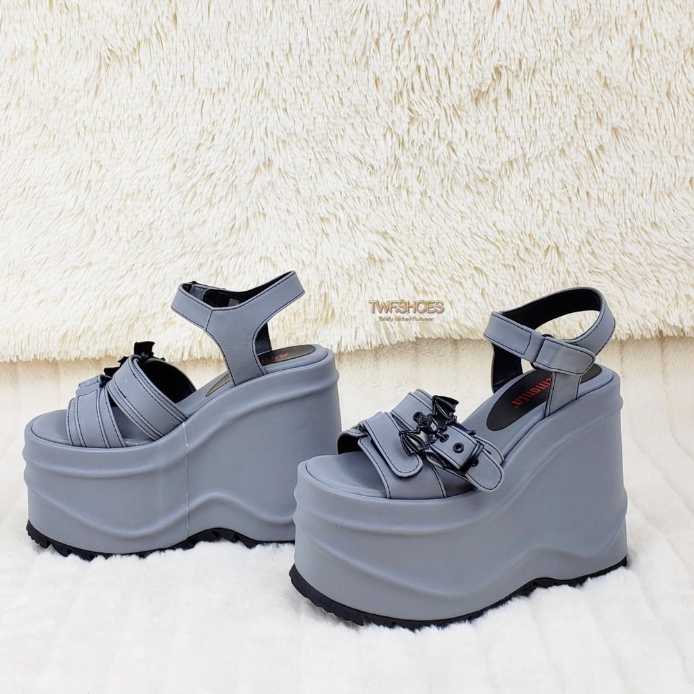 Reflective 6" Platform Goth Wedge Sandals Wave Gray - Picture 9 of 17